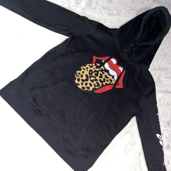 Black with leopard print rolling stones hoodie, Size XS, Lightly worn - Picture 2 of 5
